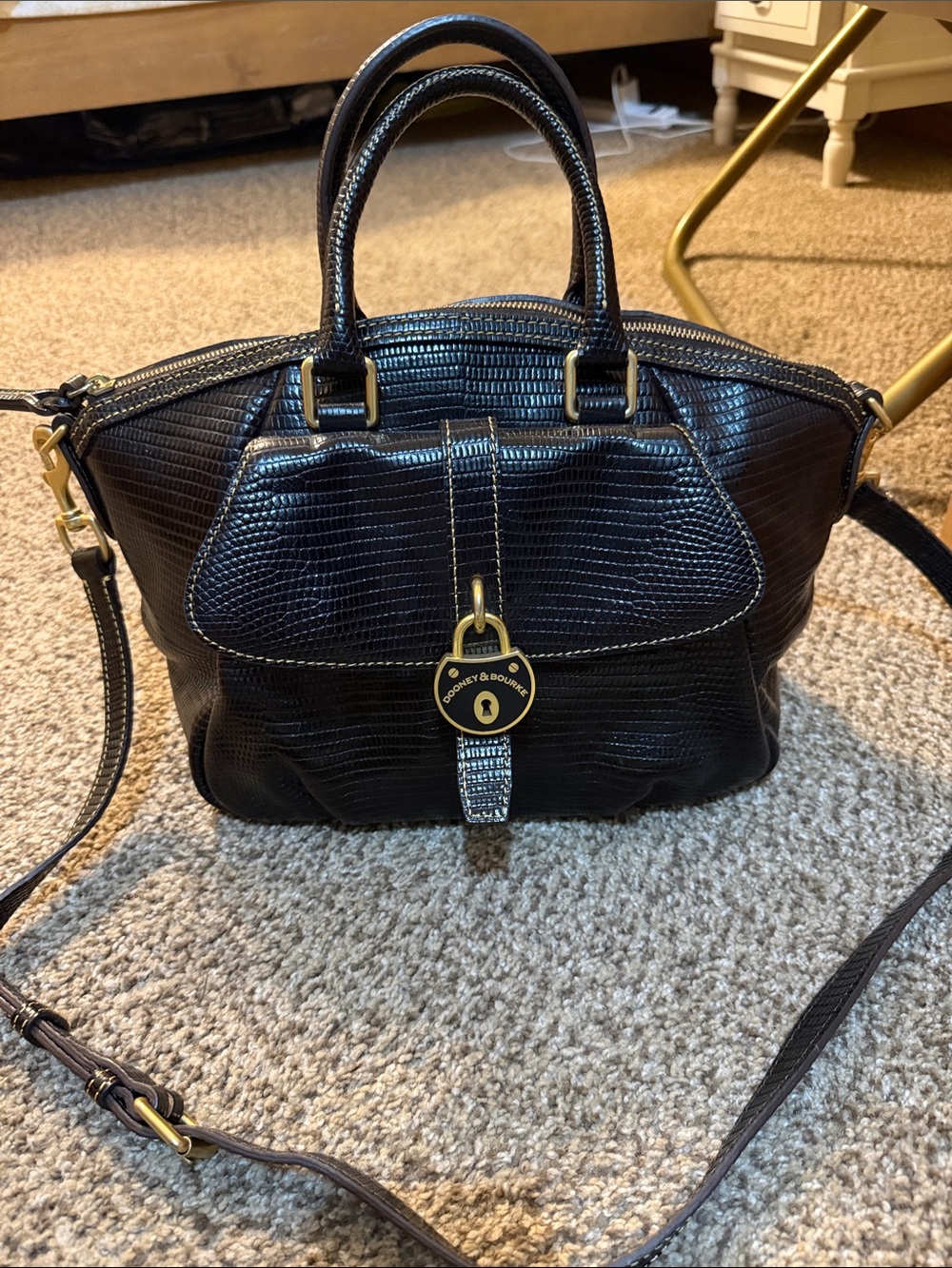 Dooney & Bourke Black Lizard-Embossed Satchel with Gold Hardware